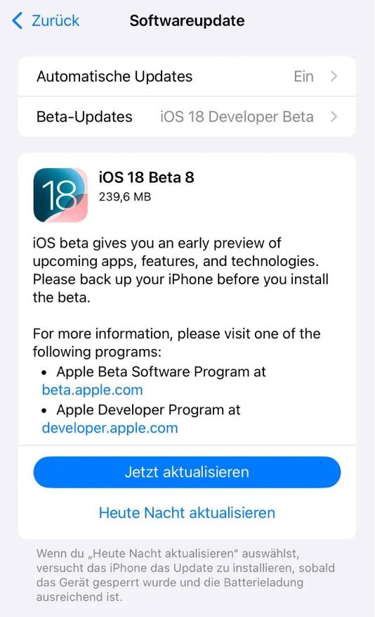 淮滨苹果手机维修分享苹果 iOS / iPadOS 18 开发者预览版 Beta 8 发布 